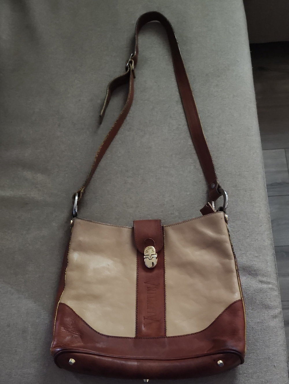 Valentina Leather Two-Tone Beige and Brown Crossbody Bag